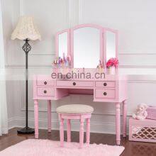 2021 New Design French Style Wooden Mirror Movable Pink Modern Dressing Table for Girls
