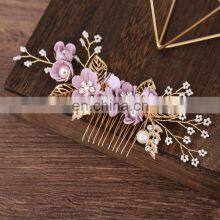 Luxury Blue Flower Hair Combs Headdress Prom Bridal Wedding Hair Accessories Gold Leaves Hair Jewelry thumbnail-4