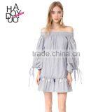 HAODUOYI Striped Women Dress Hem Ruffles Long Sleeve Sashes Loose Mini Dress Off Shoulder Backless Vestidos for Wholesale thumbnail-1