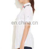 Adult Women's Fashion Lace Work at Shoulder Collar Neck Front Button Style High Quality Semi Sexy Sheer Sleeve Tops Lady Blouse thumbnail-2