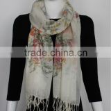 Acrylic China Style Flower Print Scarf with Fringe