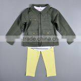 Wholesale Children Clothing Army Green Jacket Stripe Tee Shirt and Yellow Pants 3 Pieces Sets thumbnail-2