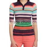 Colorful Stripe Fit Silm Women's Polo and Blue Collar Contrast Collar Women's Polo thumbnail-1