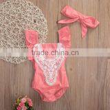 Wholesale Newborn Baby Smocked Cotton Clothes Infant Girls Plain Purple Bodysuit Baby Girls Lace Ruffle Romper thumbnail-4