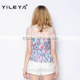 Sexy Cute Colorful Floral Pattern Printed Latest Summer Fashion Blouses Shirts, Patterns of Summer Blouses,korean Summer Blouses thumbnail-2