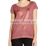 Ladie's Back Curved Hem Short Sleeve Front Print and Oil Wash T-shirt thumbnail-5