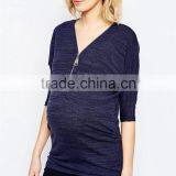 New Unique Style Purple Half Sleeve Zipper Front Breastfeeding Nursing Stretch Jersey Maternity Tops thumbnail-3