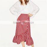 2017 NewestFront Button Fastening Red Plaid Skirt With Frill Detail thumbnail-4