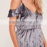 2017 Summer Sexy Pleated Velvet Frill Cold Shoulder Sleeve Womens Playsuit thumbnail-2