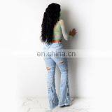 LAITE TR2012 Wholesales Custom New Fashion Broken Hole Straight Edge Women Casual Flare Jeans thumbnail-3