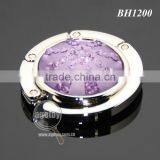 Purple Crystal Diamonds Round Shaped Zinc Alloy Silver Plated Metal Folding Wholesale Handbag Holder thumbnail-2