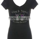 Women's Wine & Friends Rhinestone Bling V-Neck Short Sleeve Shirts Black thumbnail-3
