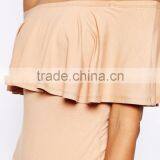 Women Off Shoulder Bodysuit With Ruffle Detail And Thong Plain Flower Hem Sexy Bodysuit thumbnail-4