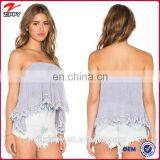 Latest Ladies Lace Hem Strapless Blue Cotton Tops Designs