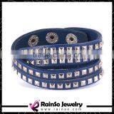 Double Wrap Blue Genuine Leather Strap Bracelet With Rivets thumbnail-1