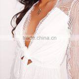 HAODUOYI Women White Lace Long Sleeve Deep V Neck Tie Front Playsuit thumbnail-4