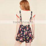Navy Floral Wide Adjustable Straps Lady's Short Overall With Pockets thumbnail-2