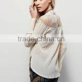2016 Guangzhou Shandao Manufacturer New Fancy Women Autumn Long Sleeve Net Shoulder White Cotton Plain Blouse Designs thumbnail-3