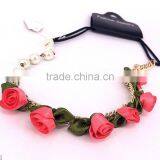 Fashion Hot Red Fabric Chiffon Rose Flowers Elastic Chain Headband Pearls Hairband Hair Necklace Head Ornament Accessories thumbnail-1