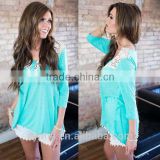 2016 new design top for woman mint color 3/4 sleeve long crochet woman top