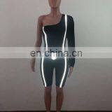 New Women Summer One Shoulder Skew Neck Stripes Reflective Splicing Knee Length Jumpsuit Bodycon Skinny Romper Playsuit thumbnail-6