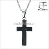 Carbon Fiber Stainless Steel Mens Cross Necklace Pendant Black Silver with Chain