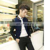 Newest Design One Button Stand Collar Slim Fit Two Tone Mens Coats Wool Navy With Leather Trim