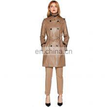 Women Lambskin Leather Double Breasted Long Jacket Coat With Belt thumbnail-2
