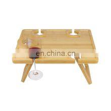Portable Wine Picnic Table Folding Bamboo Snack Cheese Table With Wine Bottle and Glass Holder for Camping, Beach,Park thumbnail-4