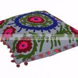 Indian Suzani Cushion Cover 16x16 Pom Pom Pillowcases Boho Throw Pillows thumbnail-2
