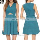 New Style 2015 Women Fashion V Neck Cut Out Front Mini Pleated Jacquard Dress Photo thumbnail-1