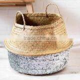 Silver Sequin Belly Basket, Seagrass Dipped Bottom Basket, Folding Basket