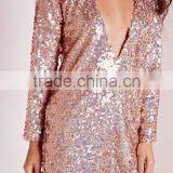 Long Sleeve Sexy V Neck Gold Sequin Dress Fashion Sexy Women Sequin Dress HSD6639 thumbnail-3