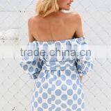 Boat Neck Partysu Off-the-shoulder Wave Points Bubble Sleeves Bow Tie Slim Sexy Woman Dress thumbnail-3