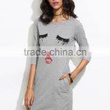 Grey Raw Hem Closed Eyes Print Dress Cotton Spandex 3/4 Sleeve Summer Cartoon Pocket Tee Dress thumbnail-2