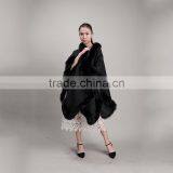 Myfur Fashion Style Women Black Color Cashmere Poncho With Fox Fur Trim Cape/Shawl thumbnail-2