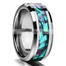 8MM Inlaid Abalone Shell Beveled Steel Stainless Steel Ring Wedding Jewelry thumbnail-1