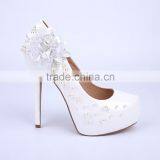 2015 glitter wedding high heel shoes white peal platform shoes women bridal shoes with white flower