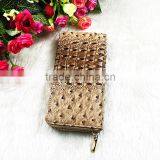 High Quality Brown Wrinkle PU Leather Rivets Decoration Long Wallet For Women With Zipper thumbnail-3