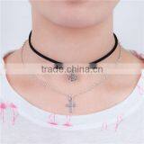 Velvet Suede Double Layer Halloween Choker Necklace Tone & Antique Silver Black Cobweb Cross 33.5cm Long thumbnail-1
