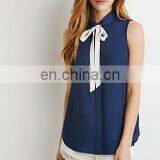 Women Sleeveless Shirt Bloues/Fashion Navy Shirts With Collar/White Bow Tie Shirt