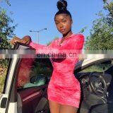 Long Sleeve Dress Tie-dye Floral Print Women's Bodycon Front Zipper Up Stacked Dress thumbnail-6