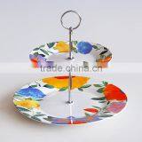 2 Layers Round Porcelain Cake Plate, 2pcs Set Plate With Decal and Iron Holder thumbnail-2
