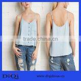 Latest China Wholsale Fashion Button A Word Big Swing Denim Halter Top thumbnail-1