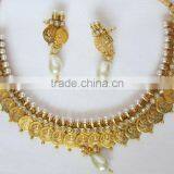 GOLD Plated Goddess Laxmi COIN Pearl Bollywood Necklace EARRING Set thumbnail-2