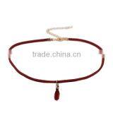 New Fashion Wine Red Velvet Suede Choker Necklace Gold Plated Tassel Pendant 34cm Long thumbnail-3