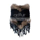 QD200121 Excellent Quality Women Wear Knit Winter Rabbit Fur Ponchos Sale With Raccoon Dog Fur Trim Long Fringes thumbnail-4