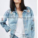 Women's Spring Rose Pattern Embroidered Washed Short Tops Denim Jacket/coat thumbnail-1
