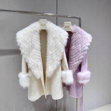 New Autumn and Winter Wool Double-sided Woolen Coat, Imported Fox Fur Collar Fur Silhouette Tie Coat, Medium Length thumbnail-1