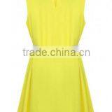 Yellow Plain Belt Turndown Collar Sleeveless Dress Casual Dresses for Women thumbnail-2